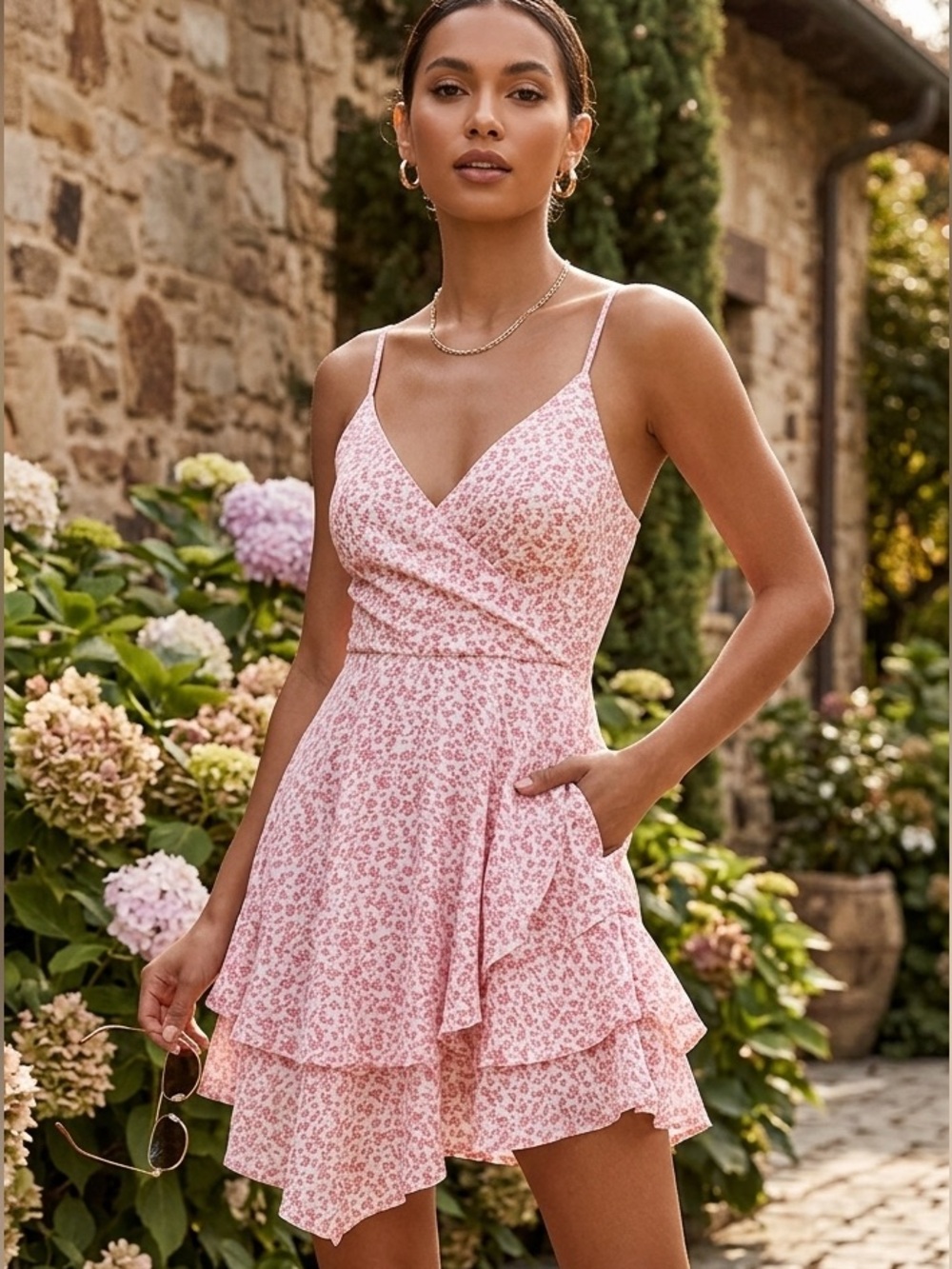 Blue Rain Pink Floral Wrap-Front Tiered Mini Dress
